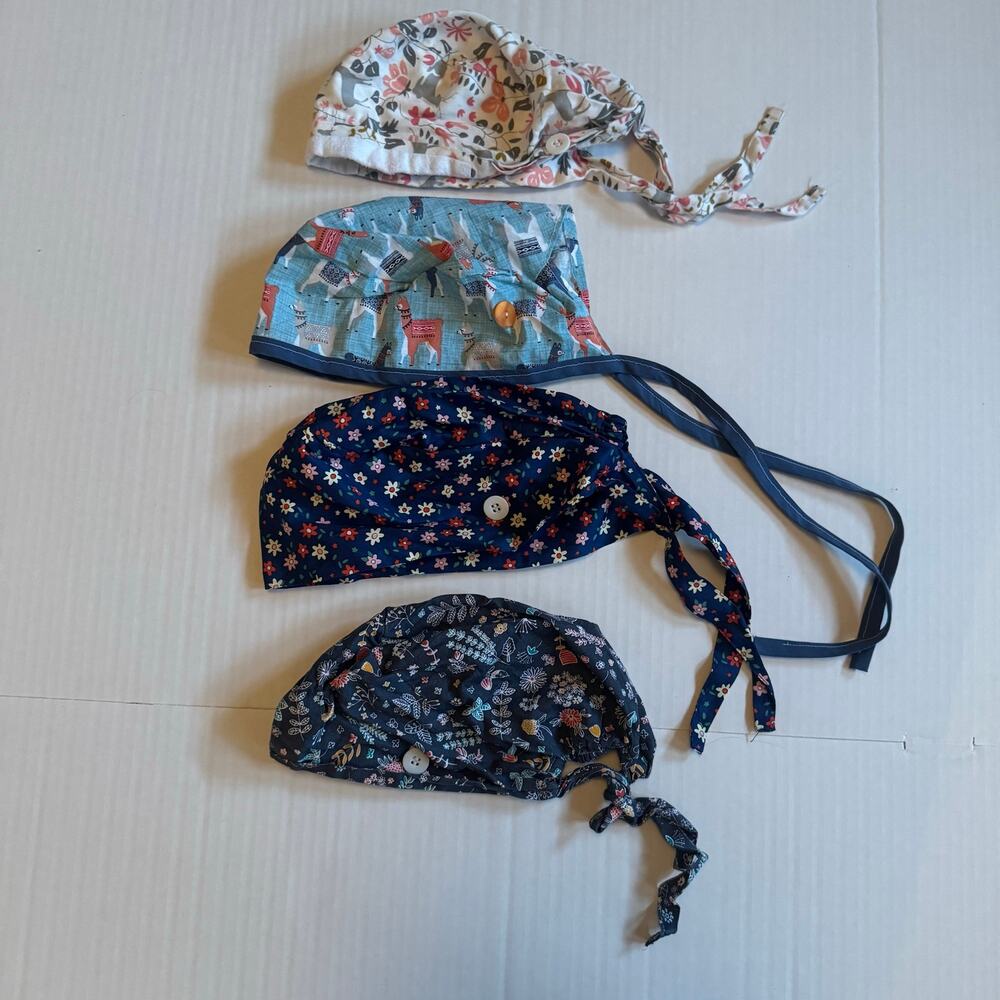 4 Four Bundle Surgical Caps medical RN Cap mask buttons blue white